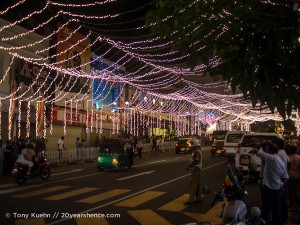 The streets of Kandy at night during Vesak